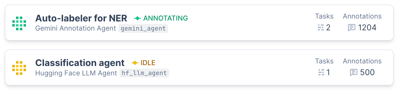 Two records of agents in the platform: Auto-labeler for NER (Gemini Annotation Agent, annotating) and Classification agent (Hugging Face LLM Agent, idle)