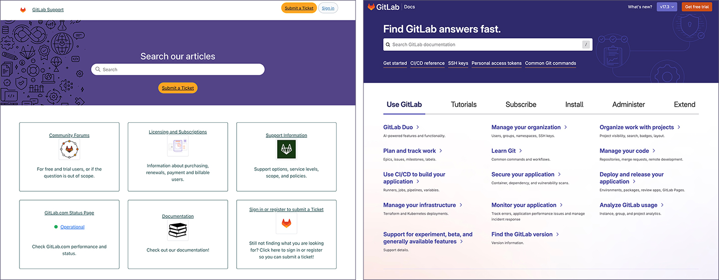 Screenshots of GitLab's support portal and documentation