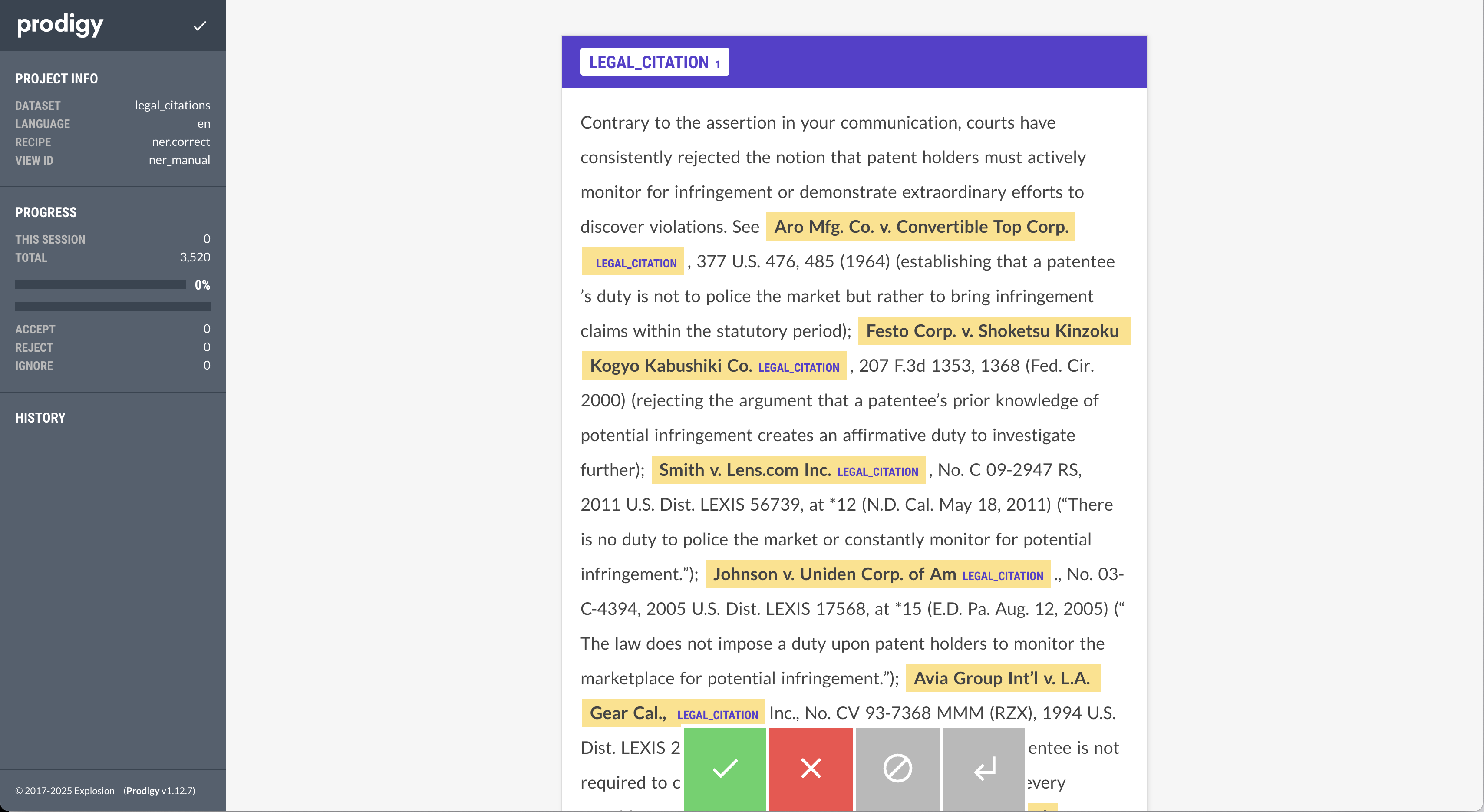 Screenshot of Prodigy annotating case citation references