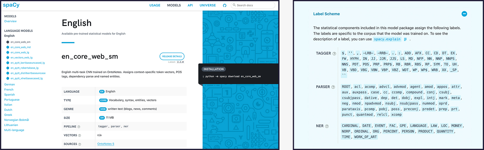 spaCy models directory screenshots