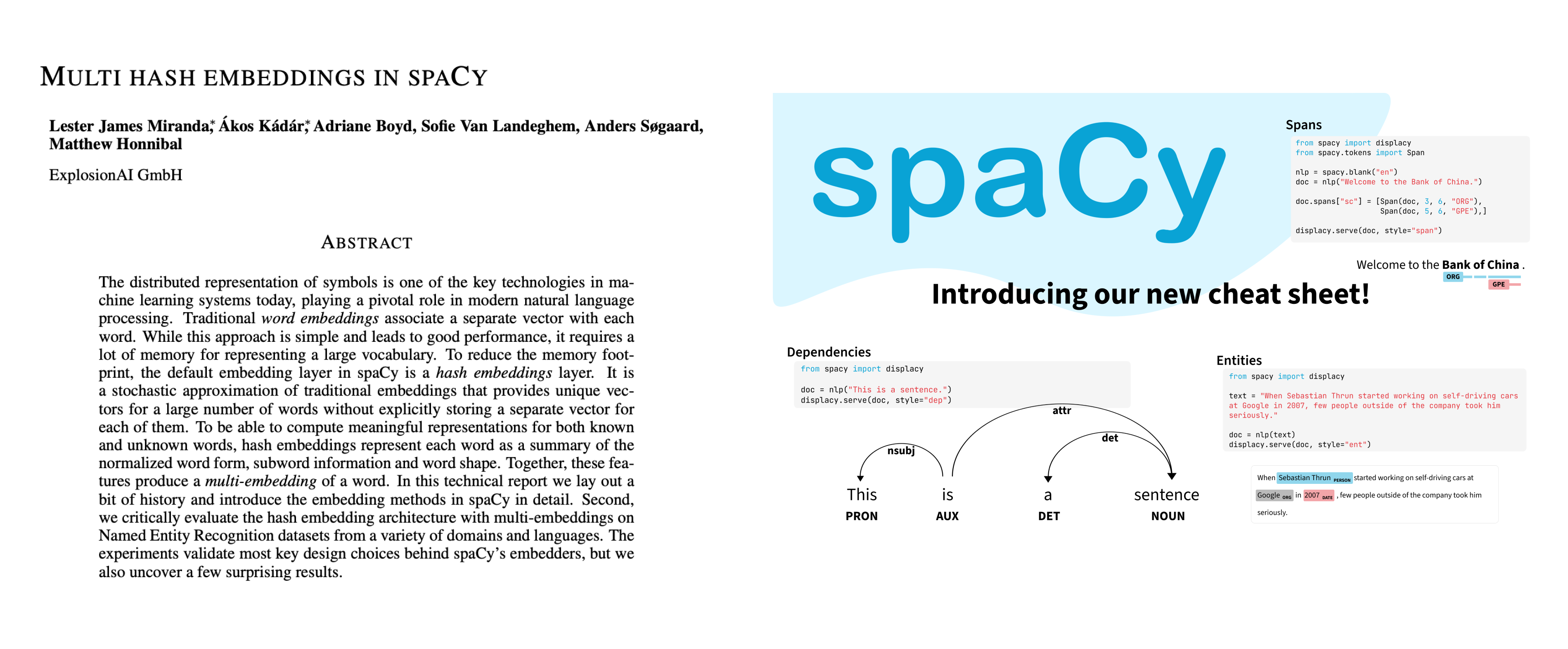 Multihash embeddings in spaCy paper and spaCy cheat sheet